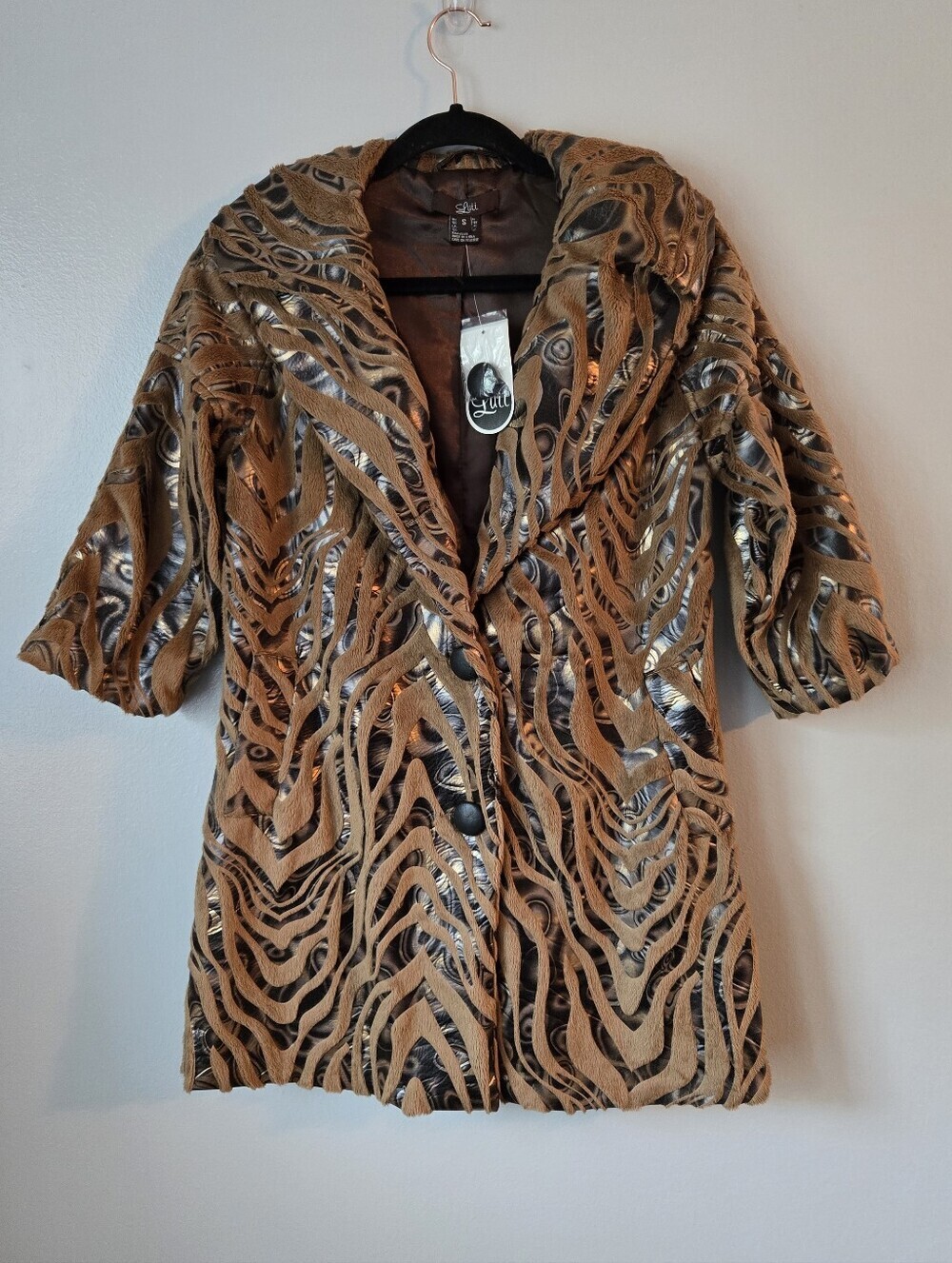 NWT Luii Metallic Brown Tiger Stripe Faux Fur Trench Coat Jacket Size Small